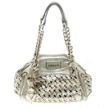 Pre Owned Versace Gold Woven Leather Satchel