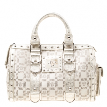 Pre Owned Versace Metallic Beige Signature Fabric and Leather Snap Out Of It Satchel