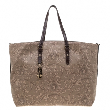 Pre Owned Versace Beige/Brown Barocco Heritage Coated Canvas and Snakeskin Trim Shopper Tote
