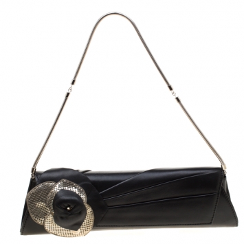 Pre Owned Versace Black Leather Flower Embellished Chain Clutch