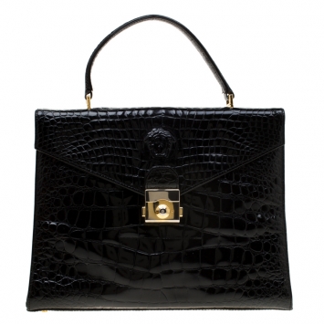 Pre Owned Versace Black Croc Embossed Leather Tote