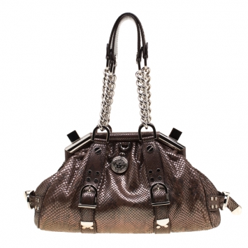Pre Owned Versace Brown Snake Embossed Leather Madonna Boston Bag