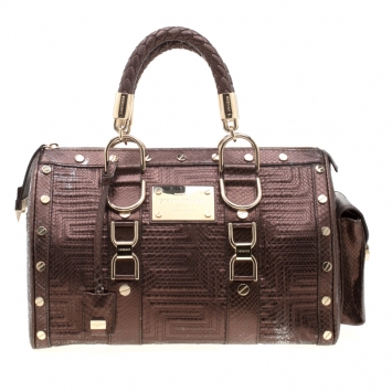 Pre Owned Versace Bronze Snakeskin Embossed Leather Couture Boston Bag