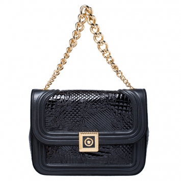 Pre Owned Versace Black Leather and Patent Leather Chain Flap Shoulder Bag