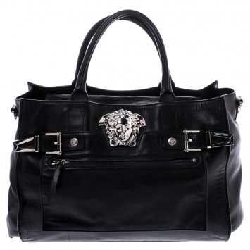 Pre Owned Versace Black Leather Medusa Tote