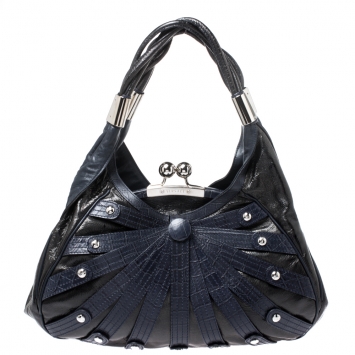 Pre Owned Versace Black/Navy Blue Leather Limited Edition Kiss Lock Satchel 