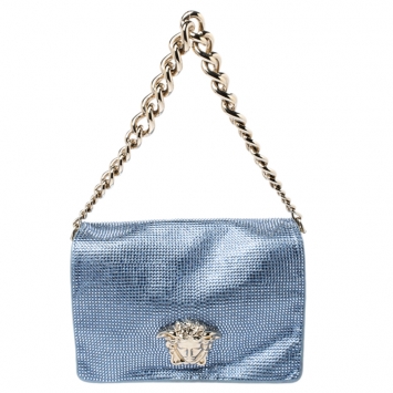 Pre Owned Versace Light Blue Crystal Embellished Shimmer Leather Sultan Shoulder Bag 