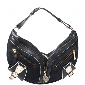 Pre Owned Versace Black/Gold Leather Biker Hobo