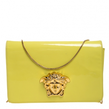 Pre Owned Versace Neon Yellow Patent Leather Medusa Chain Clutch