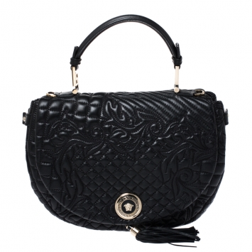 Pre Owned Versace Black Barocco Leather Altea Top Handle Bag