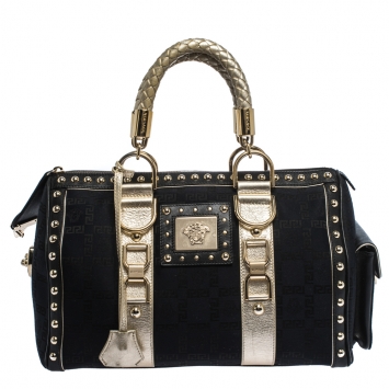 Pre Owned Versace Black/Gold Signature Fabric and Leather Studded Snap Out Of It Satchel 