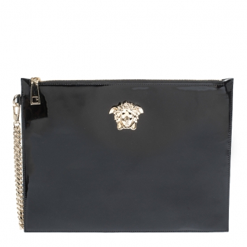 Pre Owned Versace Black Patent Leather Medusa Wristlet Pouch