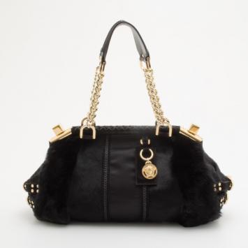 Pre Owned Versace Black Chinchilla Madonna Boston Bag