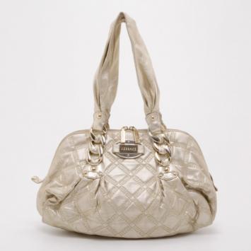 Pre Owned Versace Metallic Quilted Logo Leather Satchel 