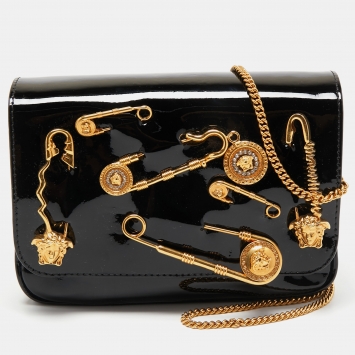 Pre Owned Versace Black Patent Leather Safety Pin Flap Chain Crossbody Bag