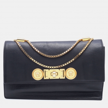 Pre Owned Versace Black Leather Medusa Flap Chain Shoulder Bag