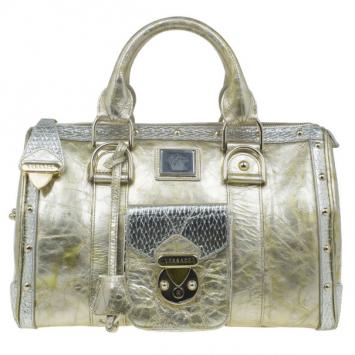 Pre Owned Versace Metallic Gold Leather Large Snap Out of It Boston