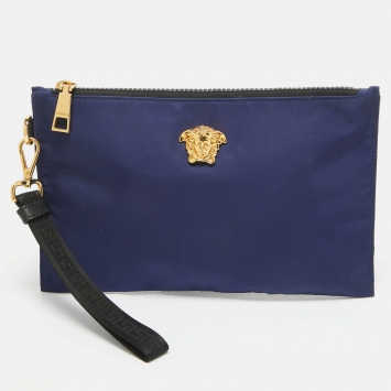 Pre Owned Versace Indigo Satin La Medusa Wristlet Pouch