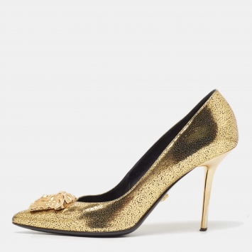 Pre Owned Versace Gold Textured Suede Medusa Pointed Toe Pumps Size 39