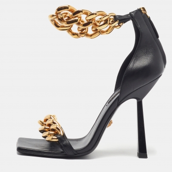 Pre Owned Versace Medusa Size 39 Black Leather Chain Ankle Strap Sandals