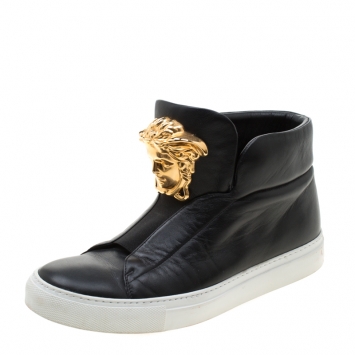 Pre Owned Versace Black Leather Medusa High Top Sneakers Size 38
