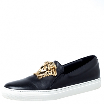 Pre Owned Versace Black Leather Palazzo Medusa Slip-On Sneakers Size 40 