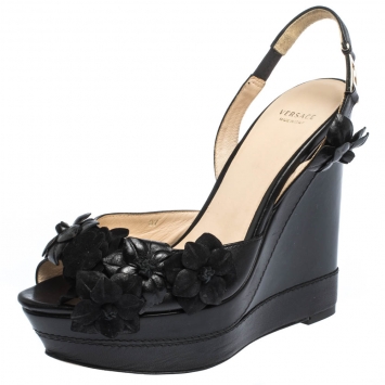 Pre Owned Versace Black Leather And Suede Flower Embellished Wedge Platform Slingback Sandals Size 37