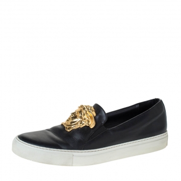 Pre Owned Versace Black Leather Palazzo Medusa Slip-On Sneakers Size 40 