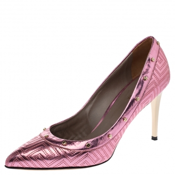 Pre Owned Versace Metallic Pink Leather Greek Key Stitch Detail Pointed Toe Pumps Size 38