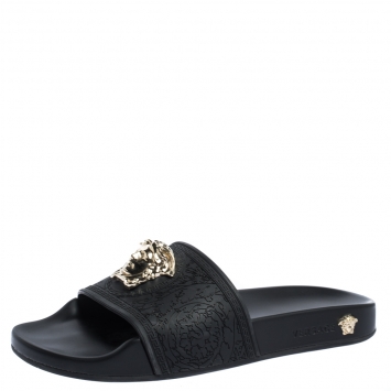Pre Owned Versace Black Rubber Medusa Flat Slides Size 36