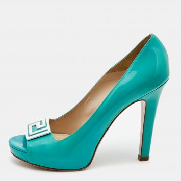 مملوكة مسبقًا Versace Sky Blue Patent Leather Slip On Peep Toe Platform Pumps Size 41