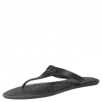 Pre Owned Versace Black Rubber Medusa Thong Flats Size 38