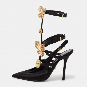 Pre Owned Versace Black Satin V-Bow Cage Sandals Size 40