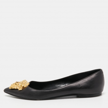 Pre Owned Versace Black Leather Medusa Ballet Flats Size 38