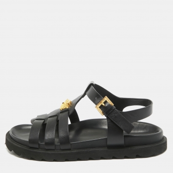 Pre Owned Versace Black Leather La Medusa Flat Sandals Size 37