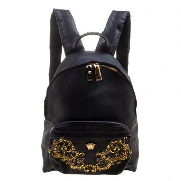 Pre Owned Versace Black Leather Studded Medusa Backpack