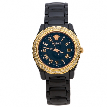 Pre Owned Versace Black Ceramic Rose Gold Stainless Steel Diamonds DV One Glamour 63Q Men's Wristwatch 34 mm