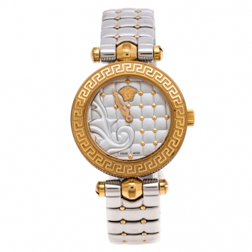 Pre Owned Versace Quilted Silver Two-Tone Stainless Steel Micro Vanitas VQM Women's Wristwatch 30 mm