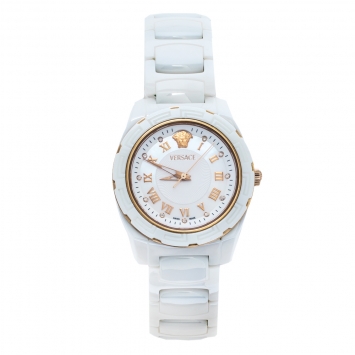 Pre Owned Versace White Mother of Pearl White Ceramic Rose Gold Plated Stainless Steel DV One 63Q Women's Wristwatch 35 mm