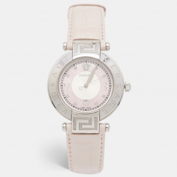 Pre Owned Versace Pink Mother of Pearl Stainless Steel Leather Reve 68Q Women's Wristwatch 35 mm