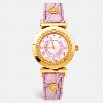 Pre Owned Versace Purple Gold Plated Stainless Steel Leather Vanity P5Q Women's Wristwatch 35 mm