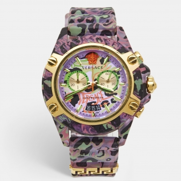Pre Owned Versace Purple Icon Chrono Active VE27 Lilac Leopard Print Unisex Wristwatch 44MM
