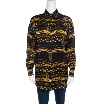 Pre Owned Versus Versace Black Chain Link Printed Silk Satin Long Sleeve Shirt S