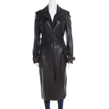 Pre Owned Versus Versace Black Leather Belted Back Detail Overcoat S