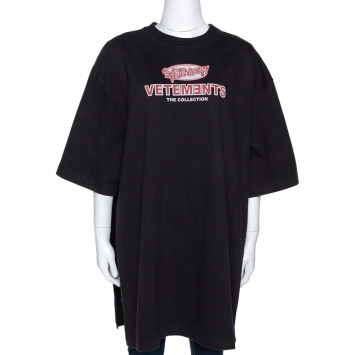 Pre Owned Vetements Black Printed Cotton Split Side Oversized T-Shirt XS 