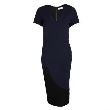 Pre Owned Victoria Beckham Navy Blue Knit Colorblock V Neck Pencil Dress M