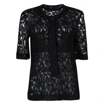 Pre Owned Victoria Beckham Black Lace Pocket Detail Sheer Short Sleeve Blouse XS