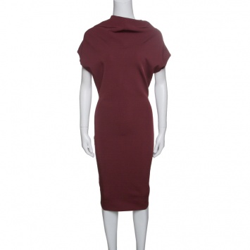 Pre Owned Victoria Beckham Burgundy Knit Draped High Neck Bodycon Dress S