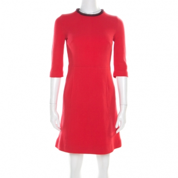 Pre Owned Victoria Victoria Beckham Coral Red Crepe Wool Contrast Neck Sheath Dress S