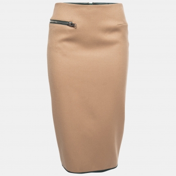 Pre Owned Victoria Beckham Tan Brown Wool Zipper Detail Pencil Midi Skirt M